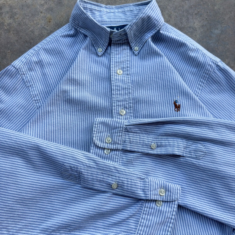 Vintage 90s Polo Ralph Lauren Striped Flesh Pony Button Shirt Blue White XL (k1)